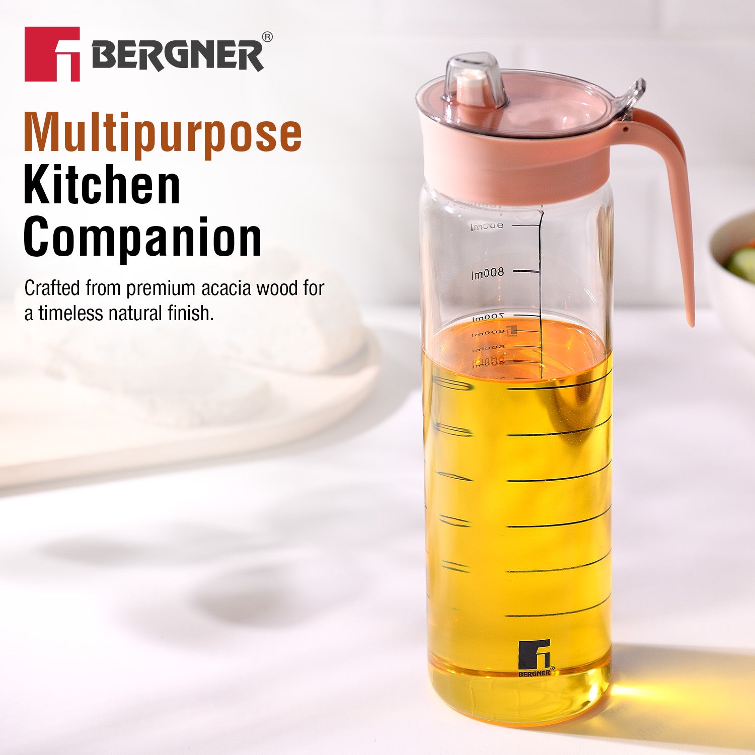 Bergner Acadia 1100ml glass oil dispenser bottle with measurement scale marks, multipurpose kitchen companion for cooking oil and vinegar storage