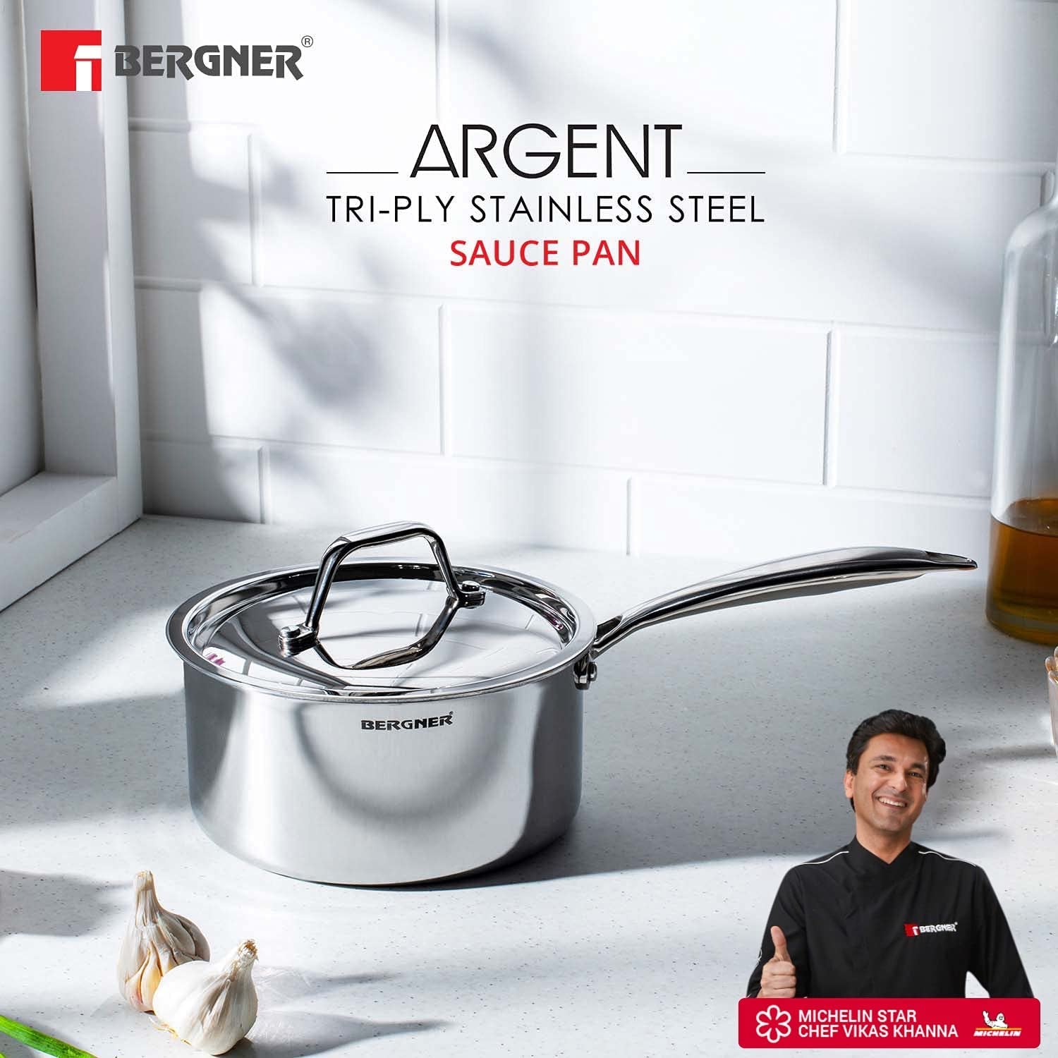 Bergner Argent TriPly Stainless Steel Saucepan with Stainless Steel Lid - Induction Bottom