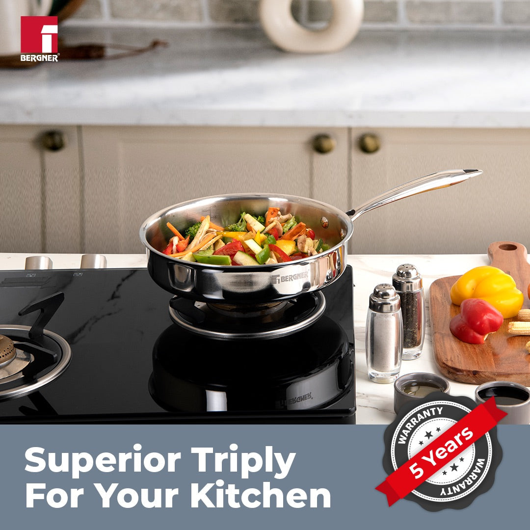 Bergner Argent Tri-Ply Stainless Steel Sautepan with Stainless Steel Lid - Induction Bottom (5-Year Warranty)