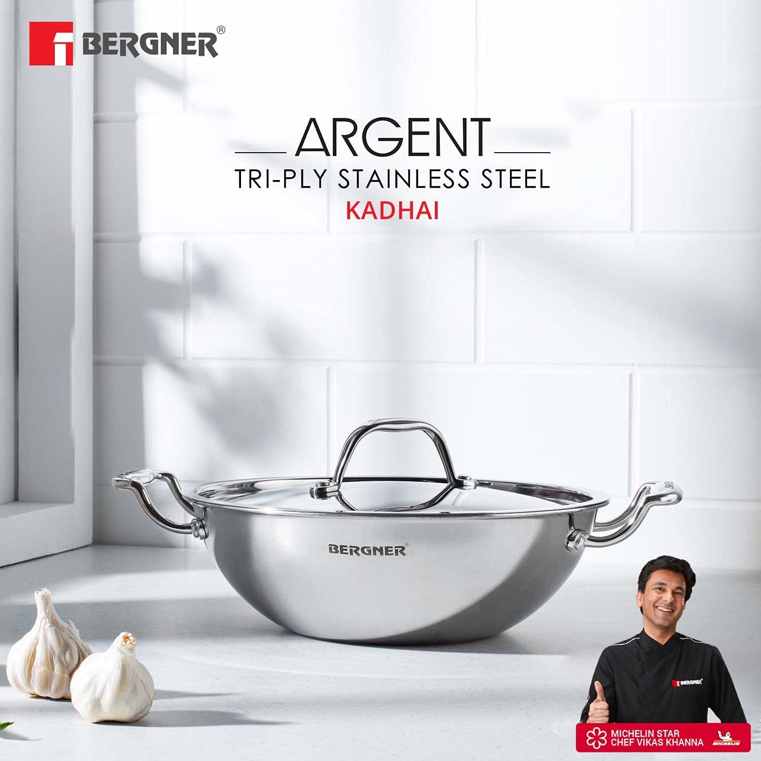 Bergner Argent TriPly Stainless Steel Kadai with Stainless Steel Lid - Induction Bottom