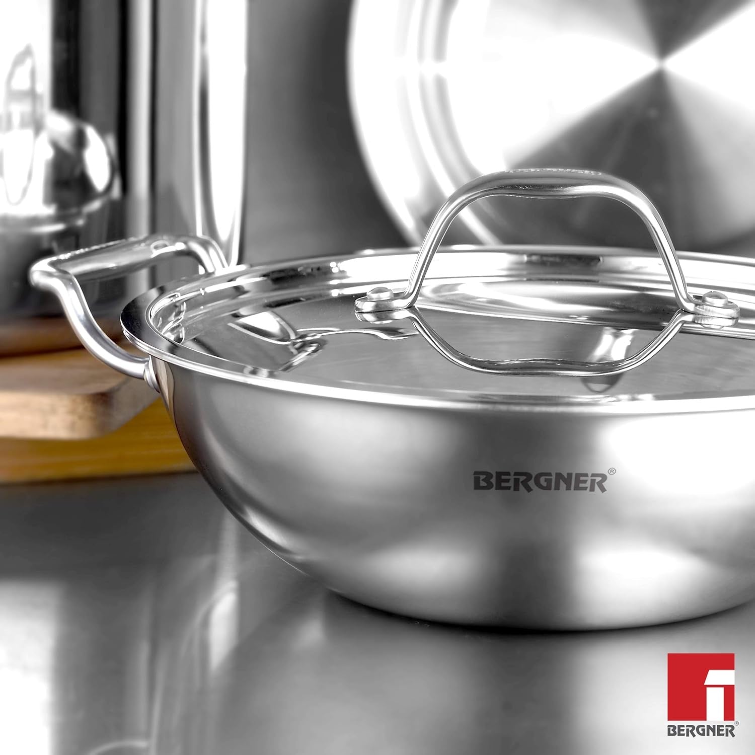 Bergner Argent Tri-Ply Stainless Steel Kadai with Stainless Steel Lid - Induction Bottom (5-Year Warranty)