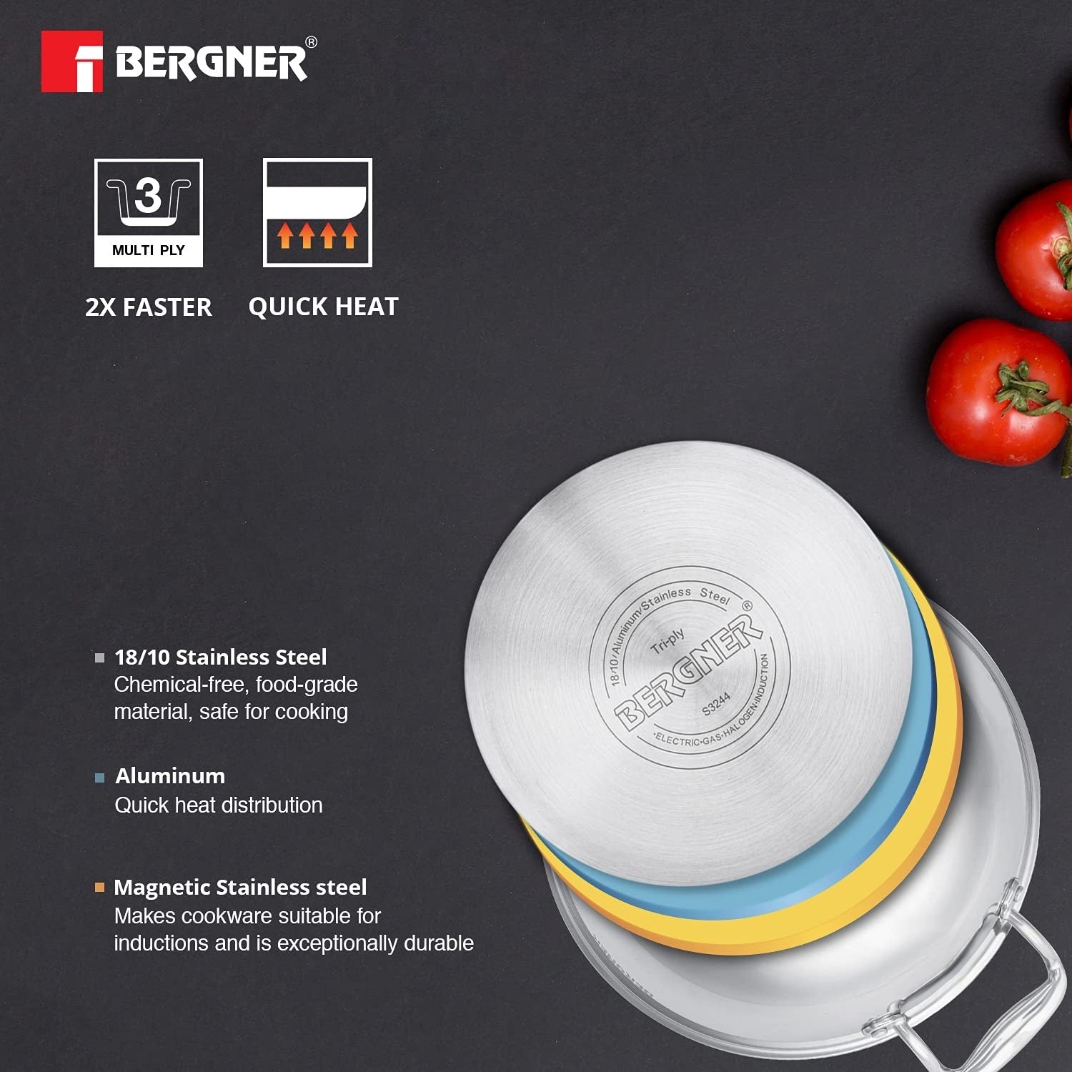 Bergner Argent Tri-Ply Stainless Steel Kadai with Stainless Steel Lid - Induction Bottom (5-Year Warranty)