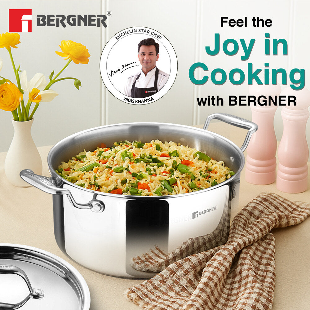 Bergner Argent Tri-Ply Stainless Steel Casserole with Stainless Steel Lid - Induction Bottom (5-Year Warranty)
