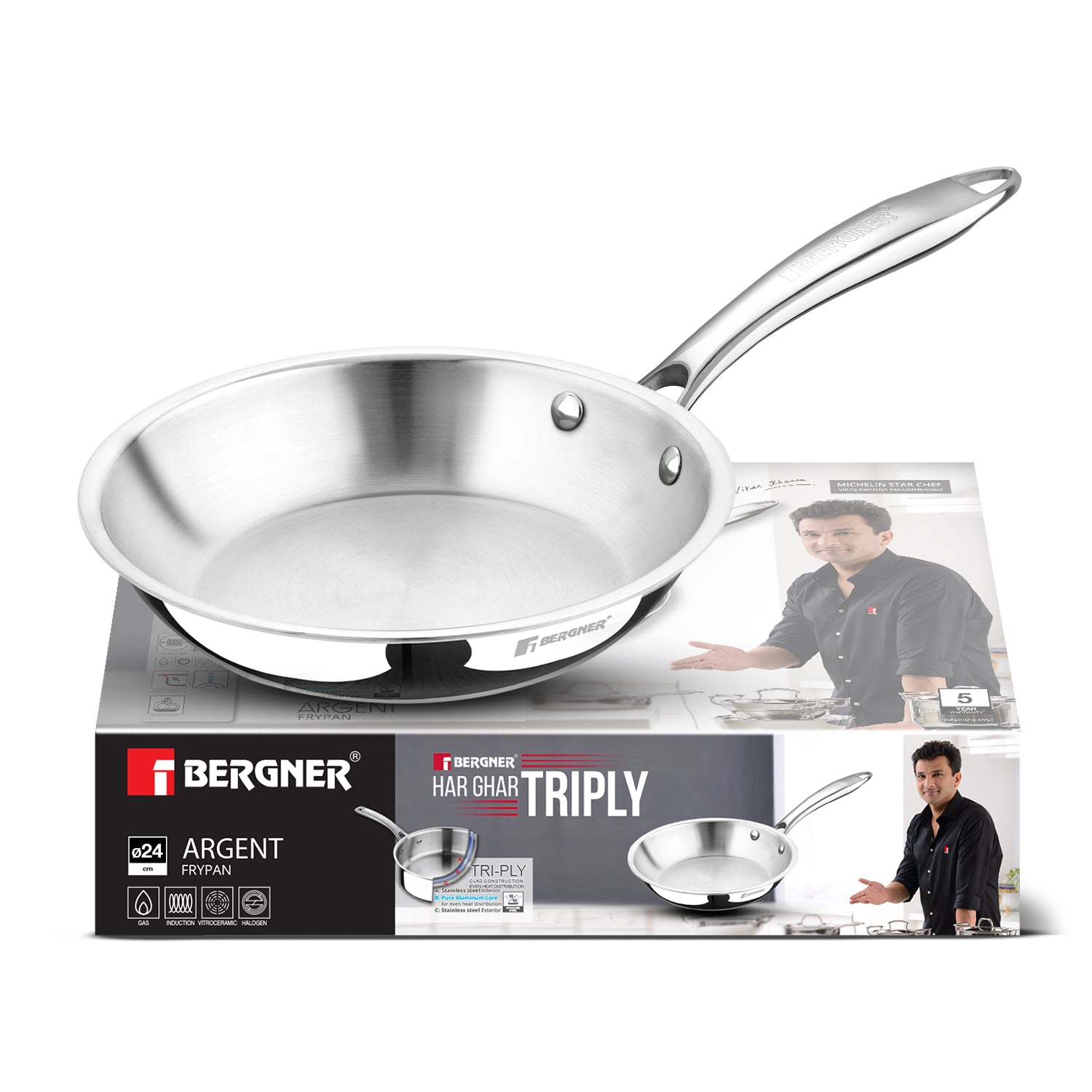 Argent Tri-Ply Stainless Steel Frypan, Less Oil Use, Healthy Cooking