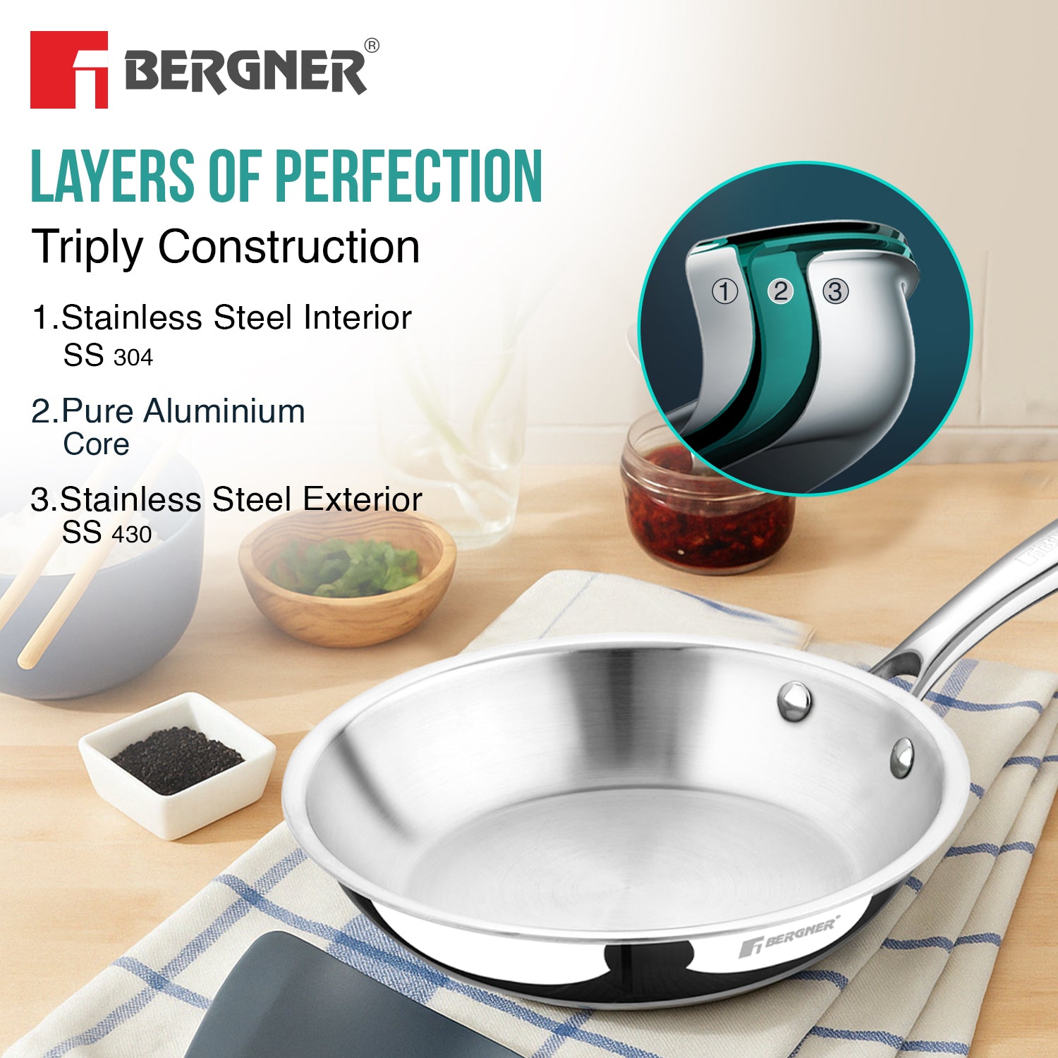 Argent Triply Stainless Steel 28cm Frypan - Induction and Gas Stove Ready
