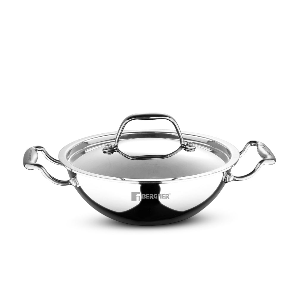 Bergner Argent Tri-Ply Stainless Steel Kadai with Stainless Steel Lid - Induction Bottom (5-Year Warranty)