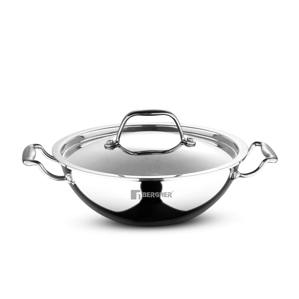 Bergner Argent Tri-Ply Stainless Steel Kadai with Stainless Steel Lid - Induction Bottom (5-Year Warranty)