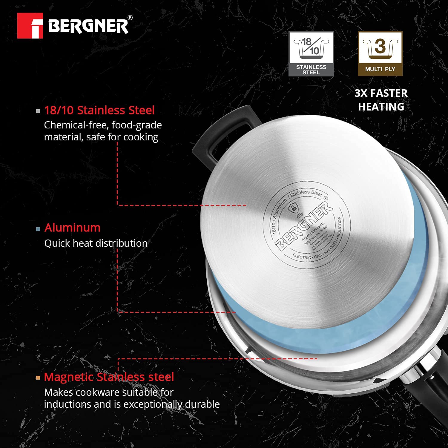 Bergner Argent Elements Tri-Ply Stainless Steel Outer Lid Pressure Cooker - Tri-Ply Induction Bottom