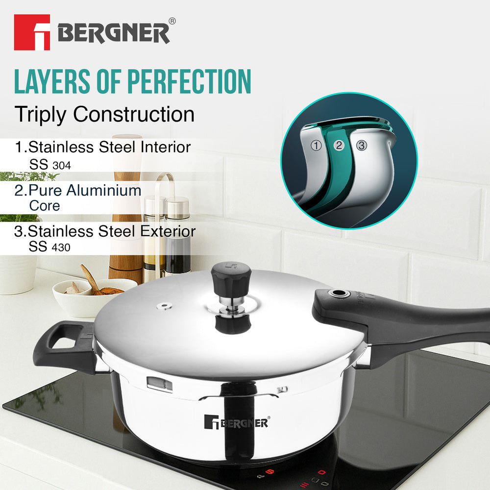Bergner Argent Elements Tri-Ply Stainless Steel Outer Lid Pressure Pan, Tri-Ply Induction Bottom