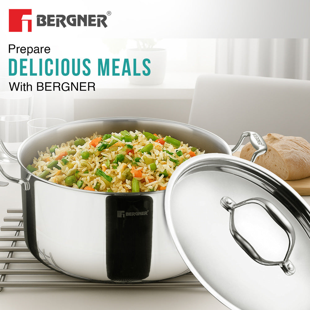 Bergner Argent Tri-Ply Stainless Steel Casserole with Stainless Steel Lid - Induction Bottom (5-Year Warranty)