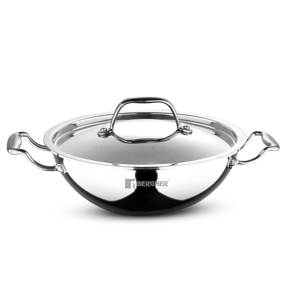 Bergner Argent Tri-Ply Stainless Steel Kadai with Stainless Steel Lid - Induction Bottom (5-Year Warranty)