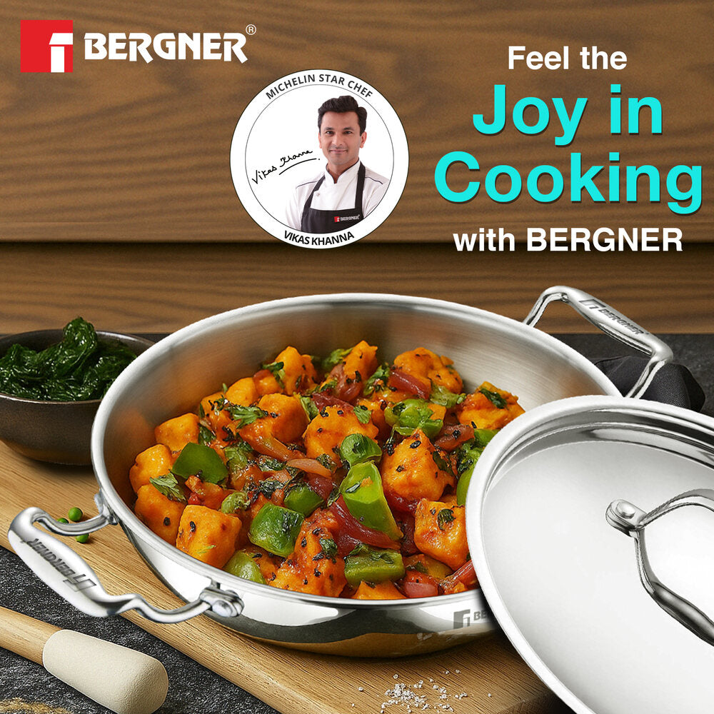 Bergner Argent Tri-Ply Stainless Steel Kadai with Stainless Steel Lid - Induction Bottom (5-Year Warranty)