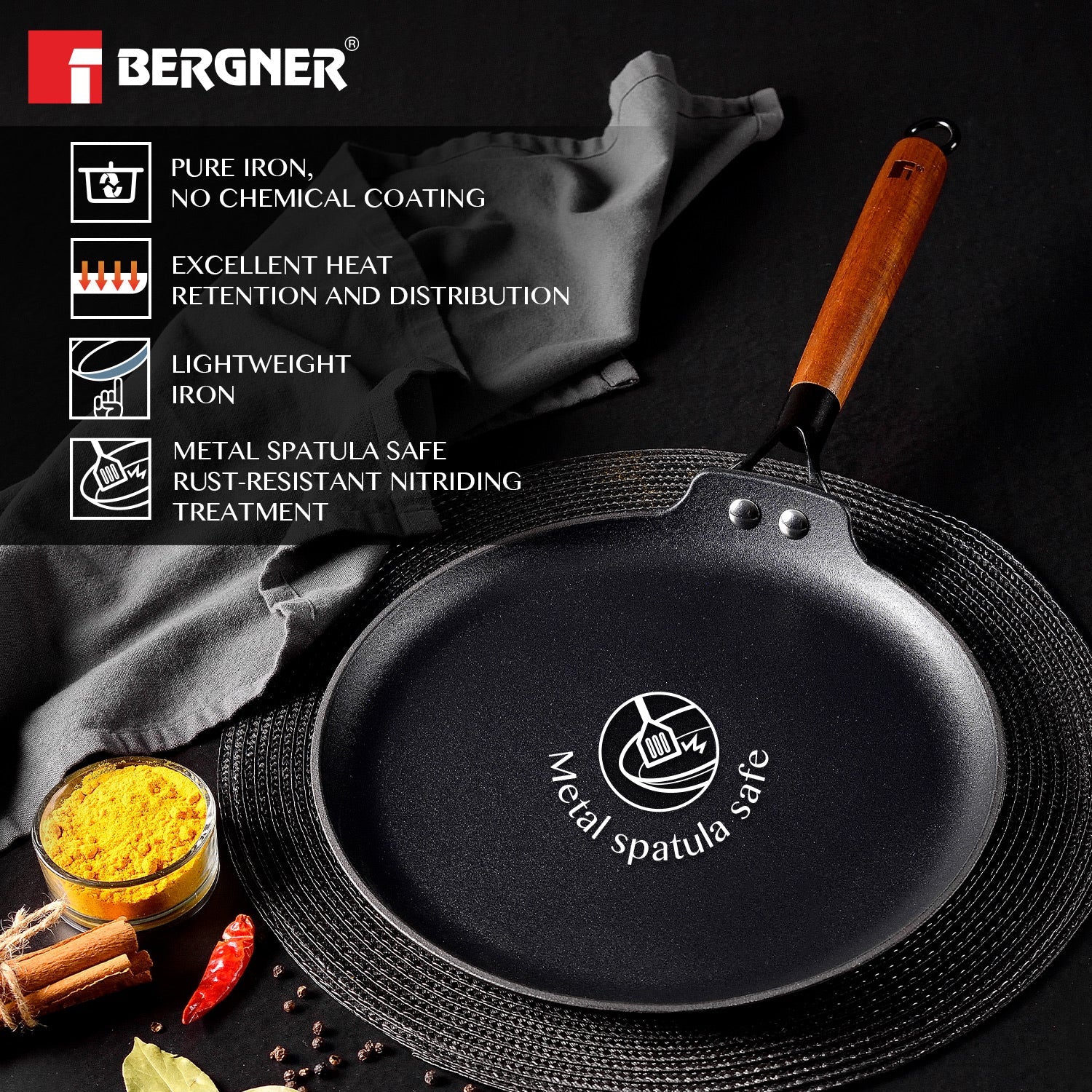 Bergner Odin Lightweight Iron Dosa Tawa with Wooden Coated Handle - Induction Bottom