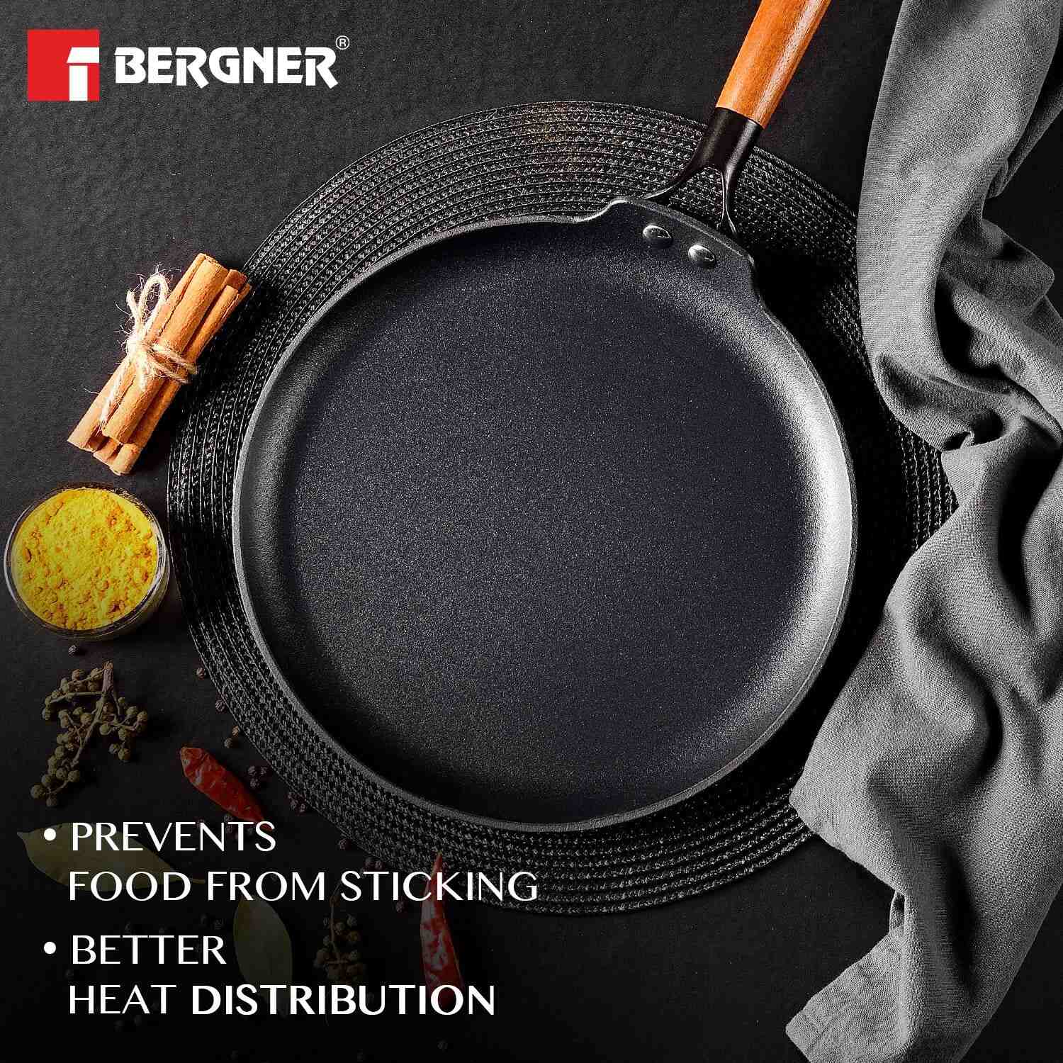 Bergner Odin Cast Iron Dosa Tawa with Wooden Coated Handle, Lightweight Iron - Induction Bottom