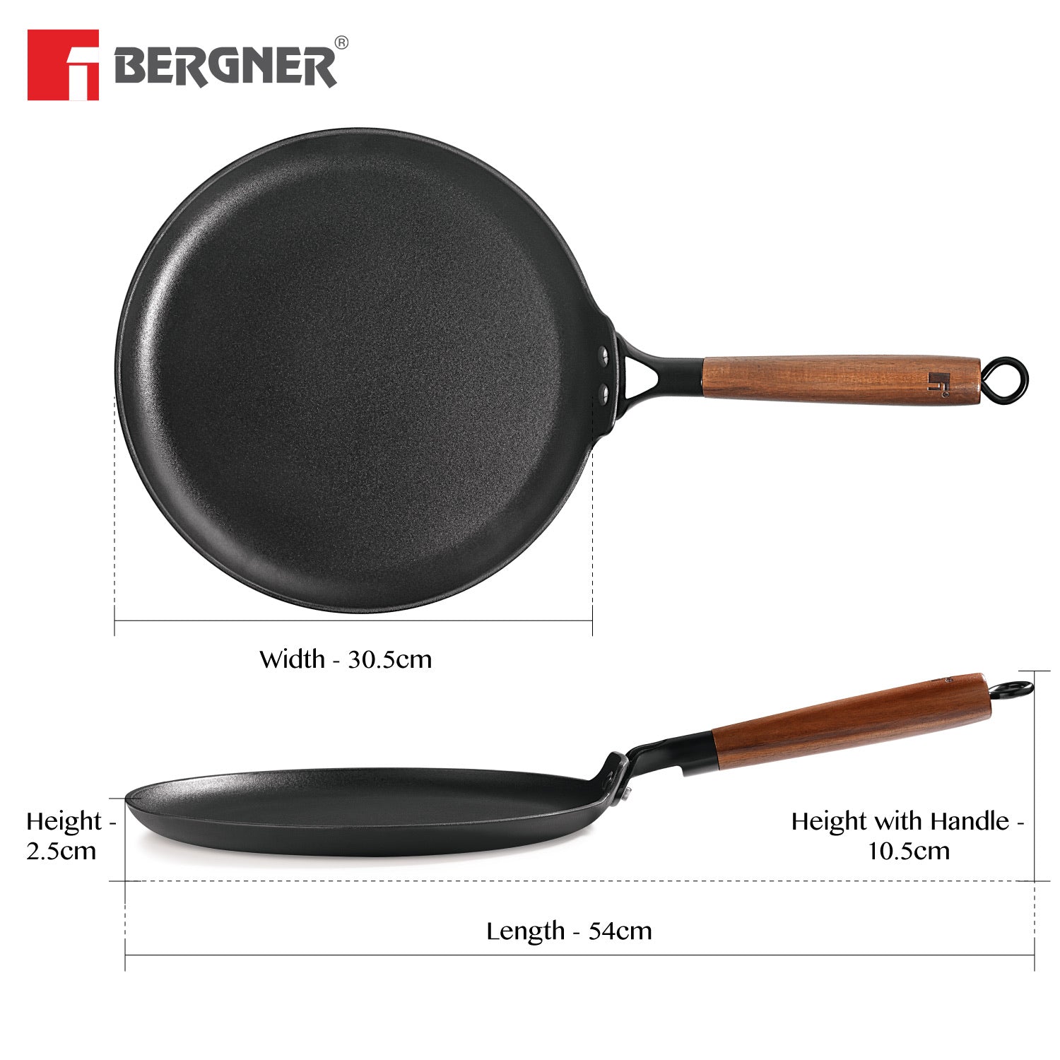 Bergner Odin Lightweight Iron Dosa Tawa with Wooden Coated Handle - Induction Bottom