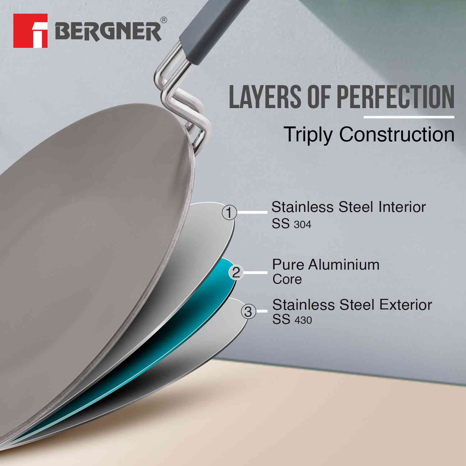 Bergner Tri-Ply Argent Ceramica 26cm Roti Tawa - Induction Compatible