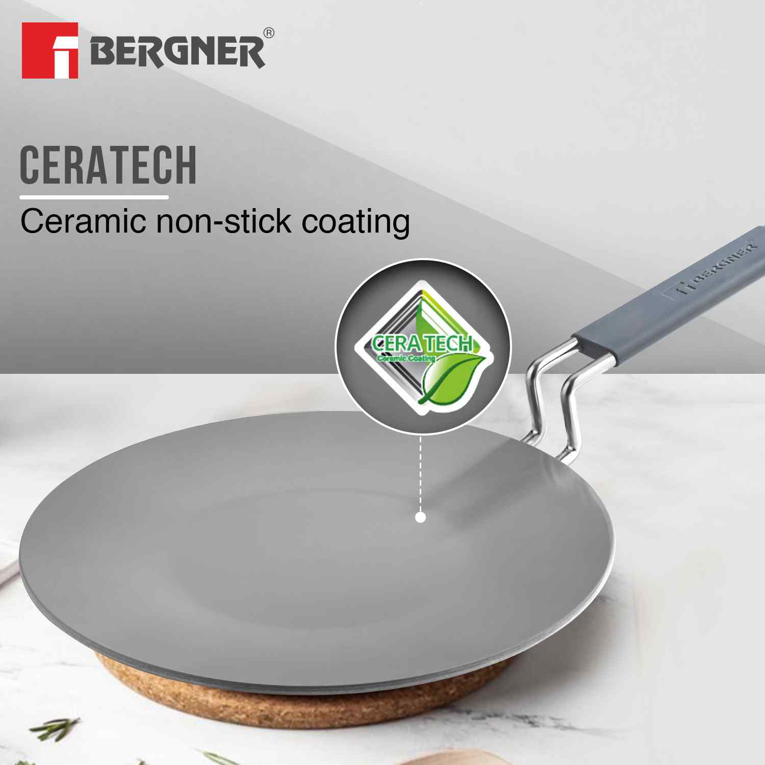 Bergner Tri-Ply Argent Ceramica 26cm Roti Tawa - Induction Compatible