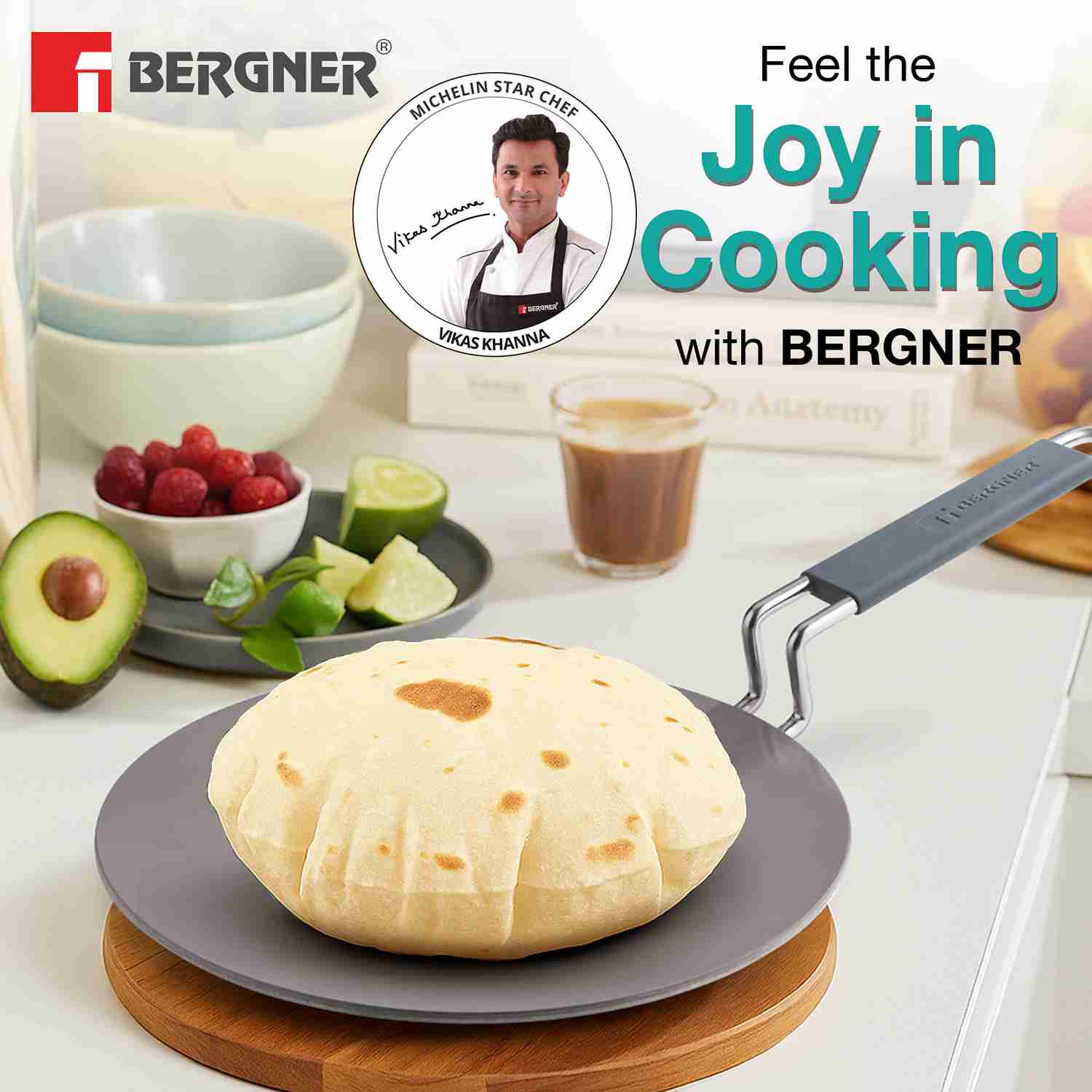 Bergner Triply Argent Ceramica 28cm Roti Tawa - Induction Compatible