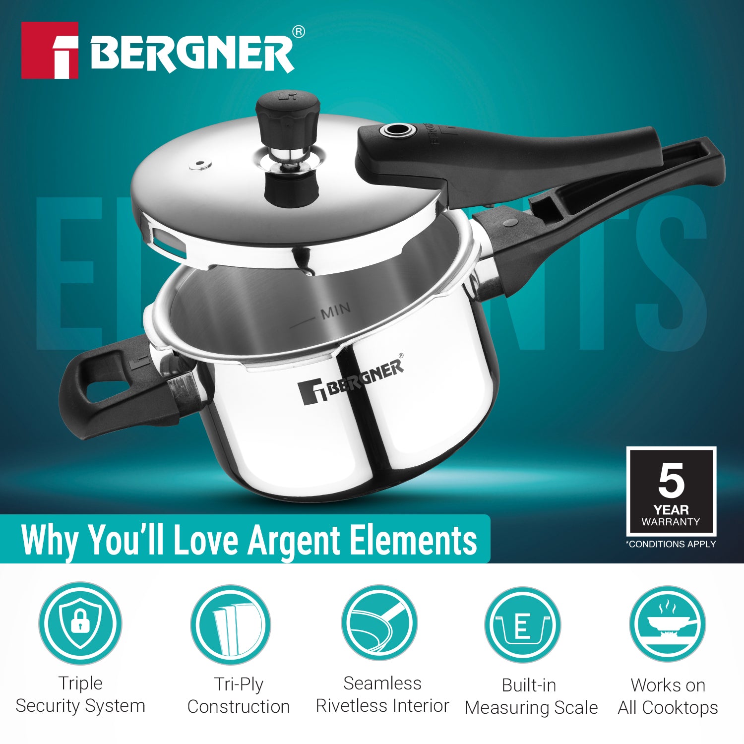 Argent Elements Triply Stainless Steel 2.5 L Outer Lid Pressure Cooker