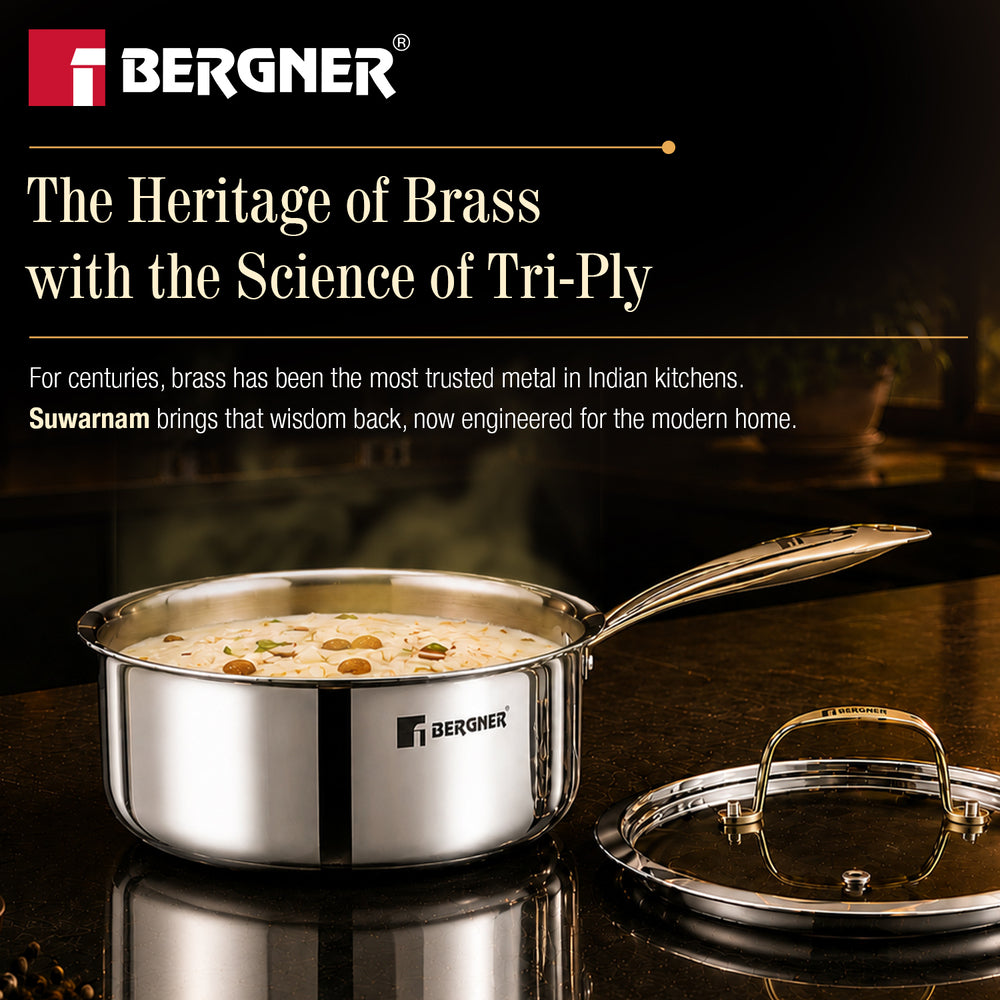 Suwarnam Triply Brass Saucepan with Flat Glass Lid 16cm | Induction
