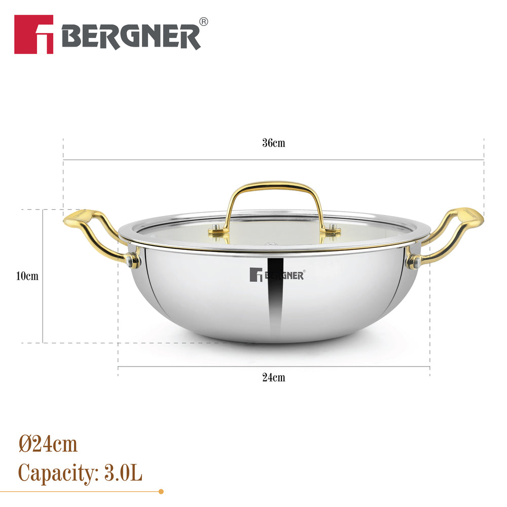Suwarnam Triply Brass Kadai 24cm with Glass Lid | Induction