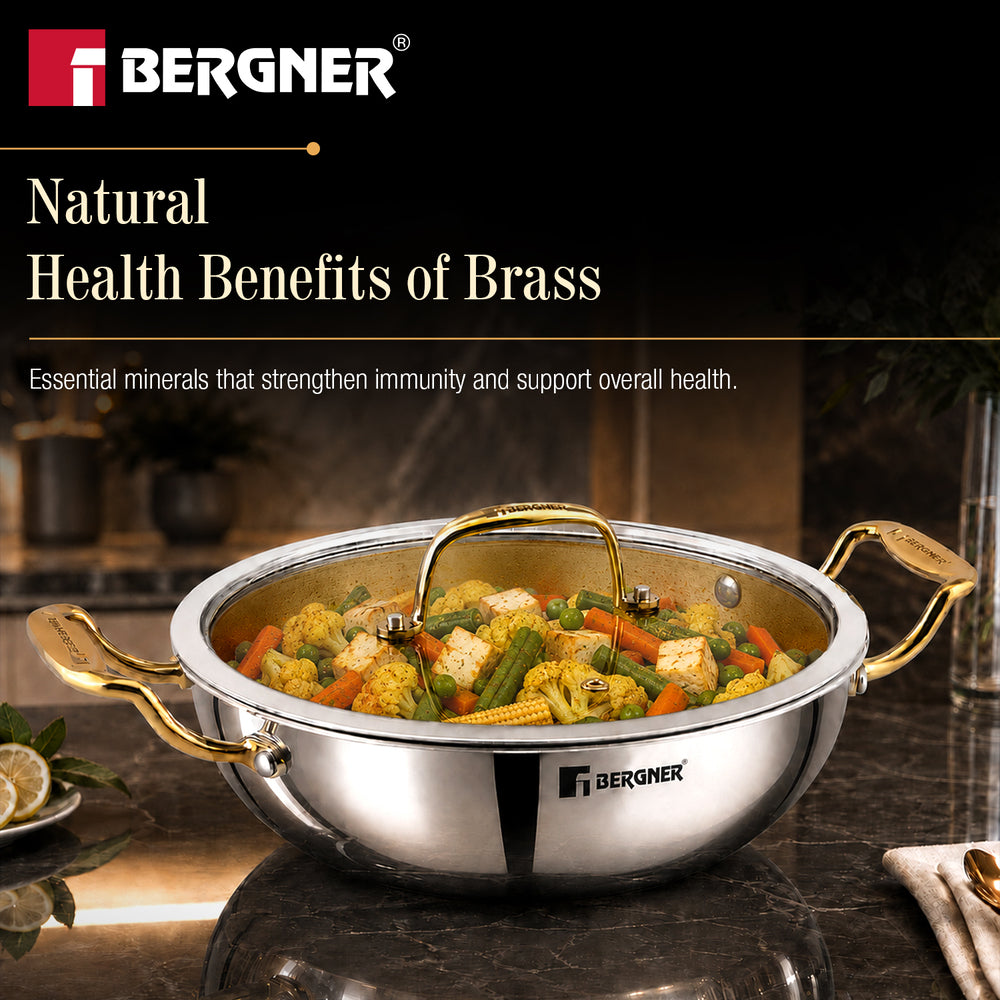 Suwarnam Triply Brass Kadai 24cm with Glass Lid | Induction
