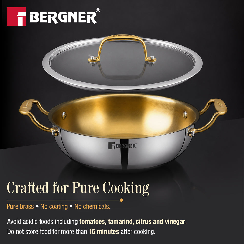 Suwarnam Triply Brass Kadai 28cm with Glass Lid | Induction