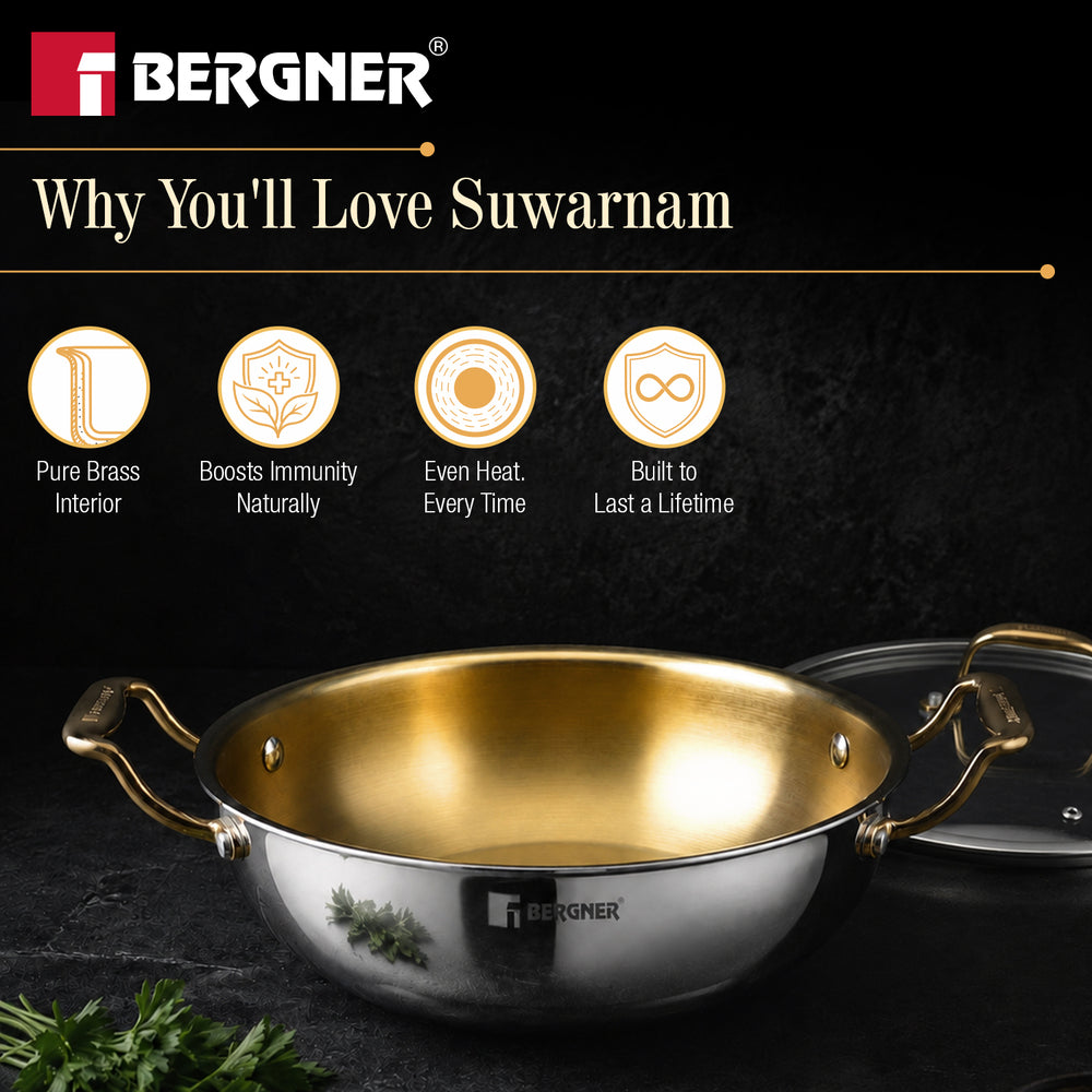Suwarnam Triply Brass Kadai 30cm with Glass Lid (5.2L) | Induction