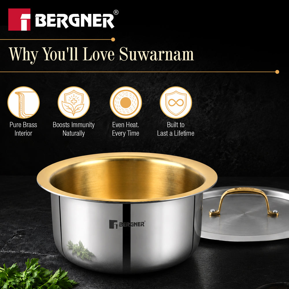 Suwarnam Triply Brass Tope with Stainless Steel Lid, 12cm (1.3L) | Induction