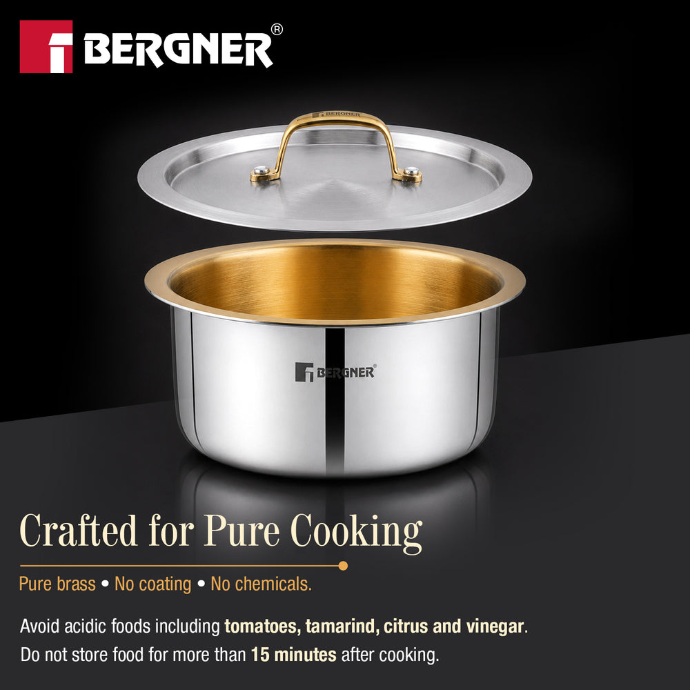Suwarnam Triply Brass Tope with Stainless Steel Lid, 16cm (1.8L) | Induction