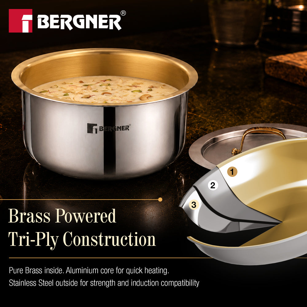 Suwarnam Triply Brass Tope with Stainless Steel Lid, 18cm (2.5L) | Induction