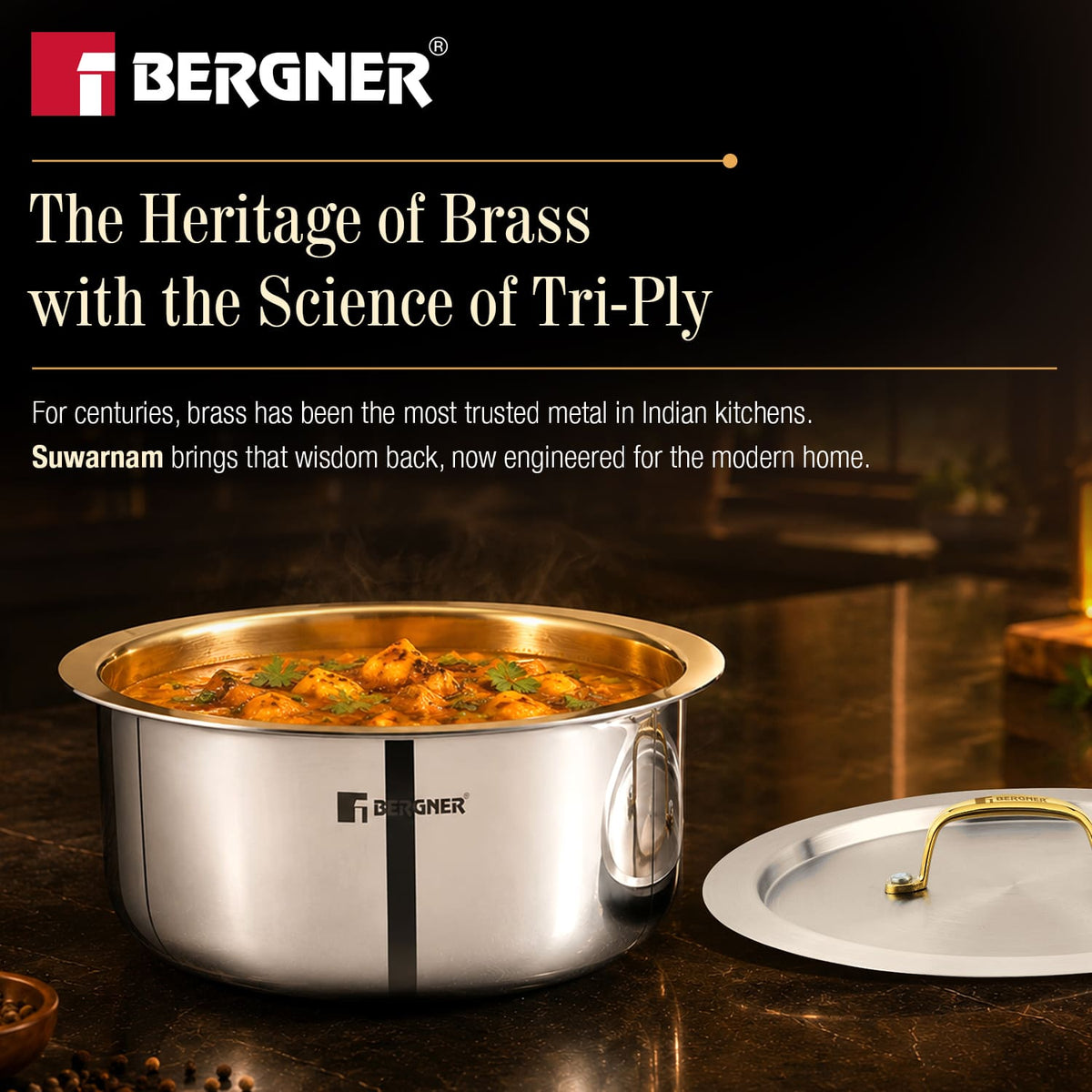 Suwarnam Triply Brass Tope with Stainless Steel Lid, 20cm (3.5L) | Induction