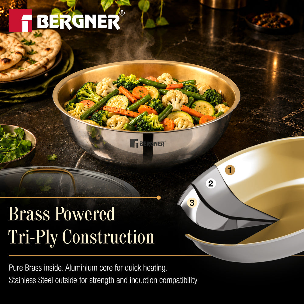 Suwarnam Triply Brass Tasra with Flat Glass Lid, 20cm (1.7L) | Induction