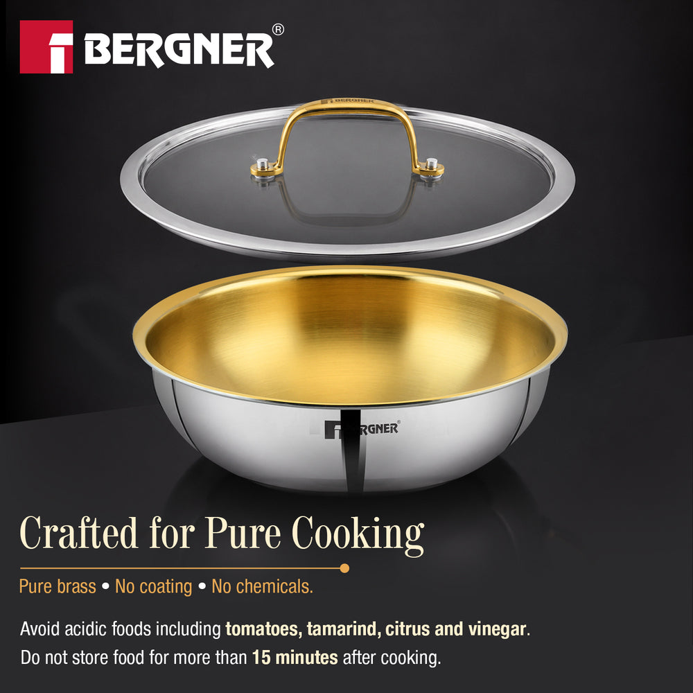 Suwarnam Triply Brass Tasra with Flat Glass Lid, 20cm (1.7L) | Induction