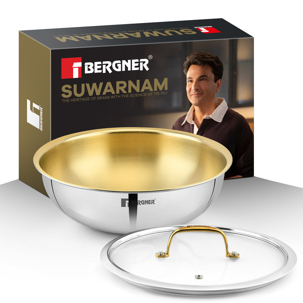 Suwarnam Triply Brass Tasra with Flat Glass Lid, 24cm (3L) | Induction