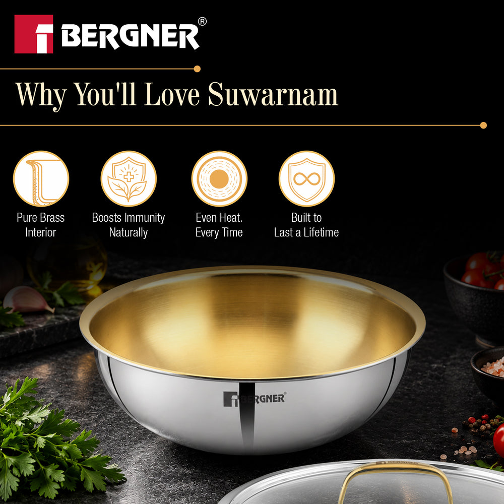 Suwarnam Triply Brass Tasra with Flat Glass Lid, 24cm (3L) | Induction
