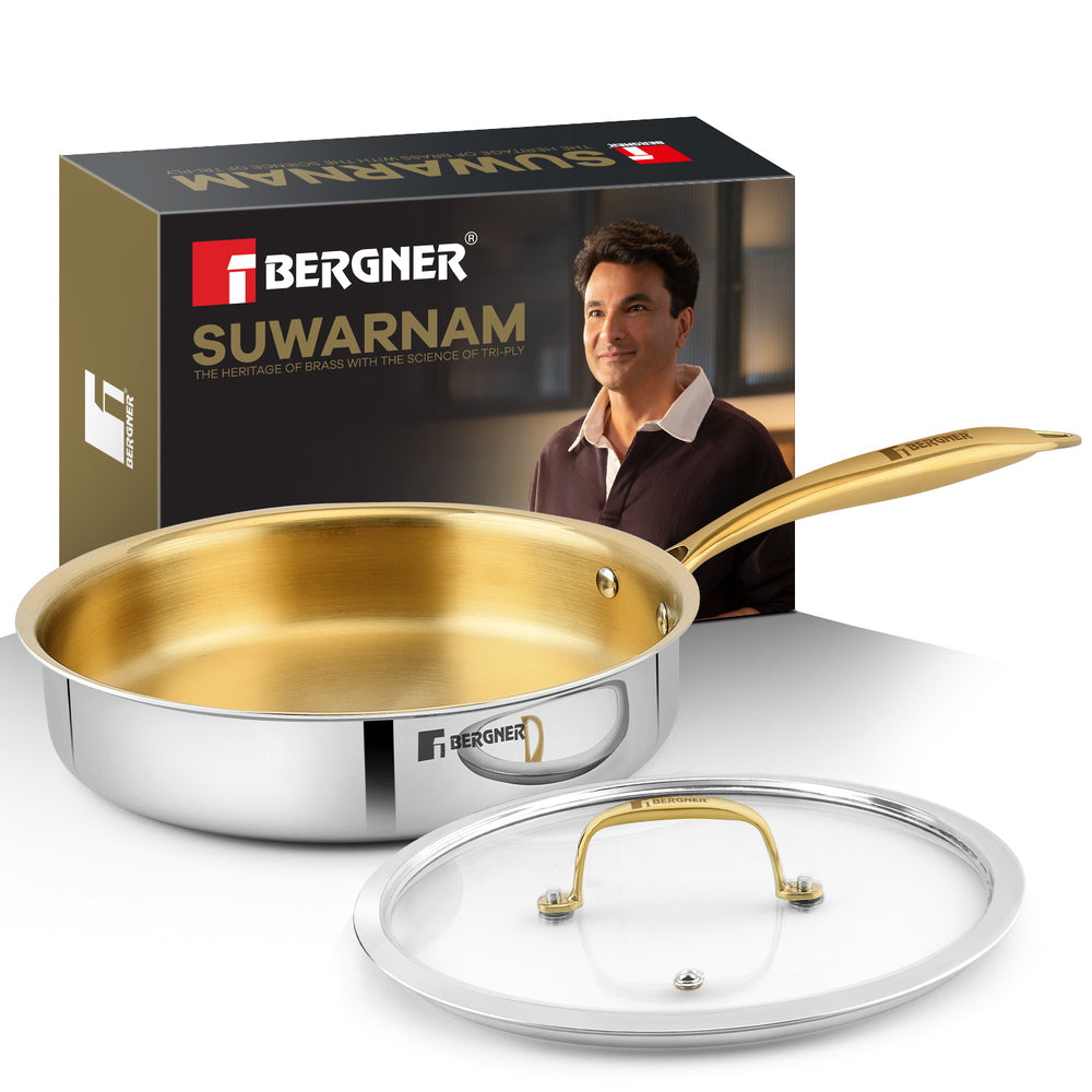 Suwarnam Triply Brass Saute Pan with Glass Lid, 24cm | Induction
