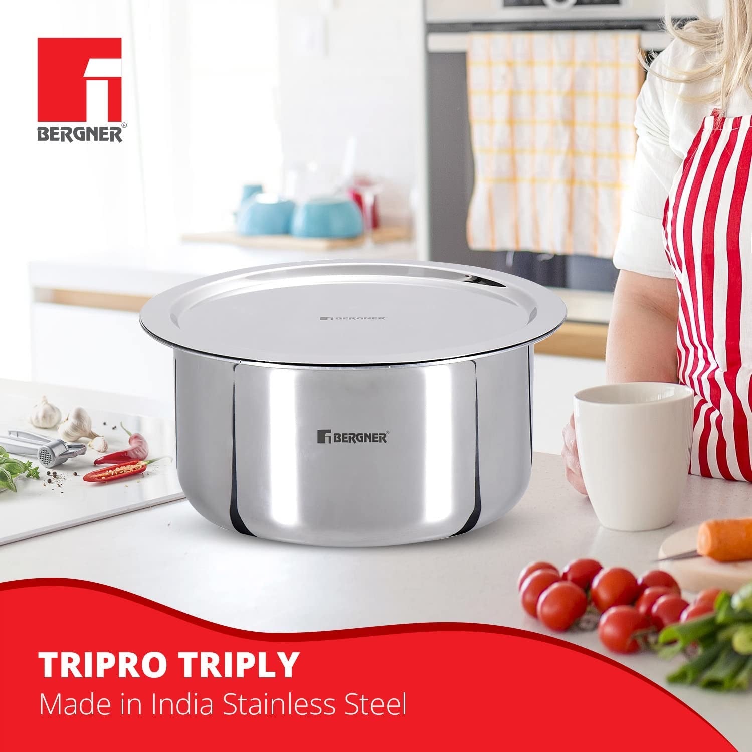 Bergner TriPro Tri-Ply Stainless Steel Tope with Lid - Induction Bottom (5-Year Warranty)