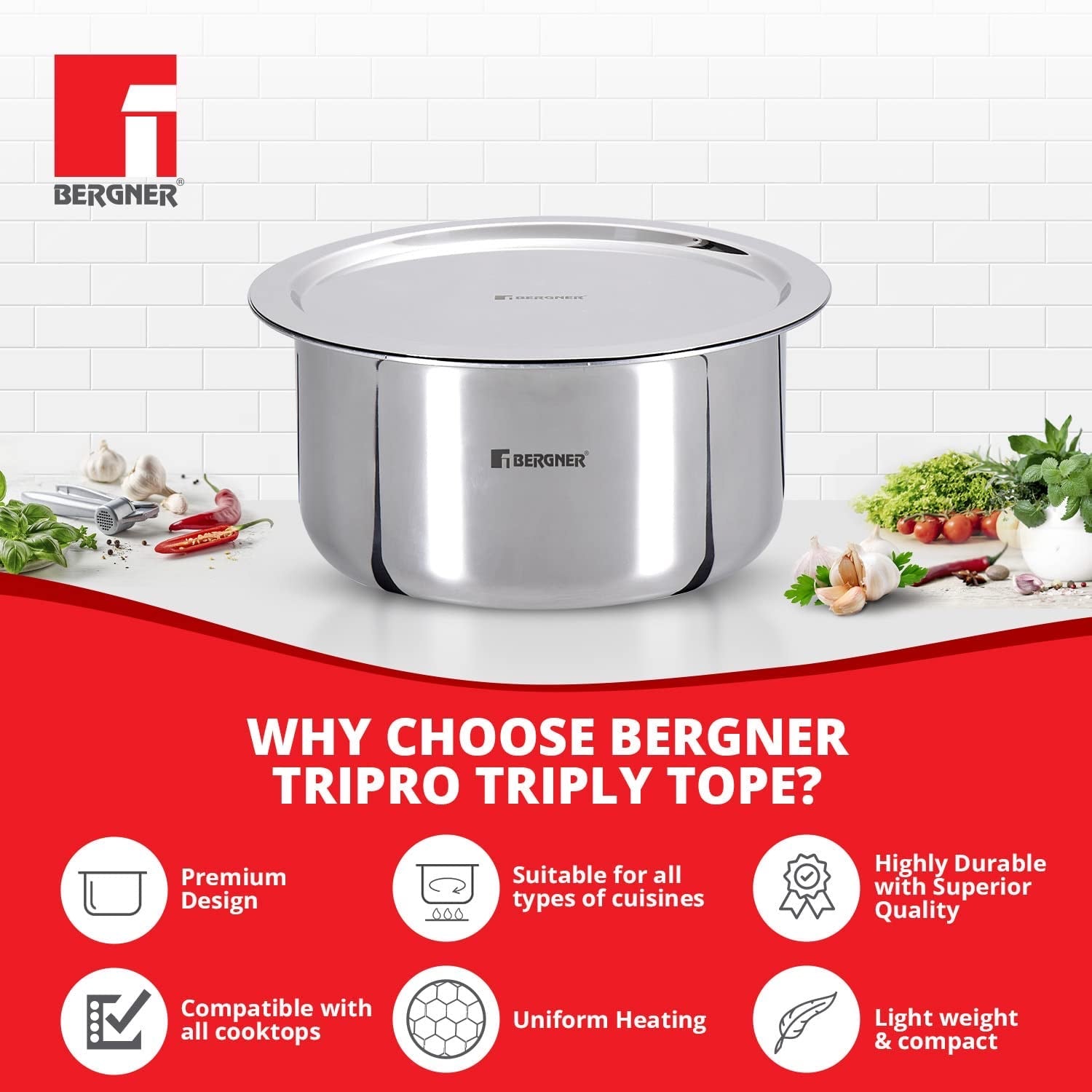 Bergner TriPro Tri-Ply Stainless Steel Tope with Lid - Induction Bottom (5-Year Warranty)