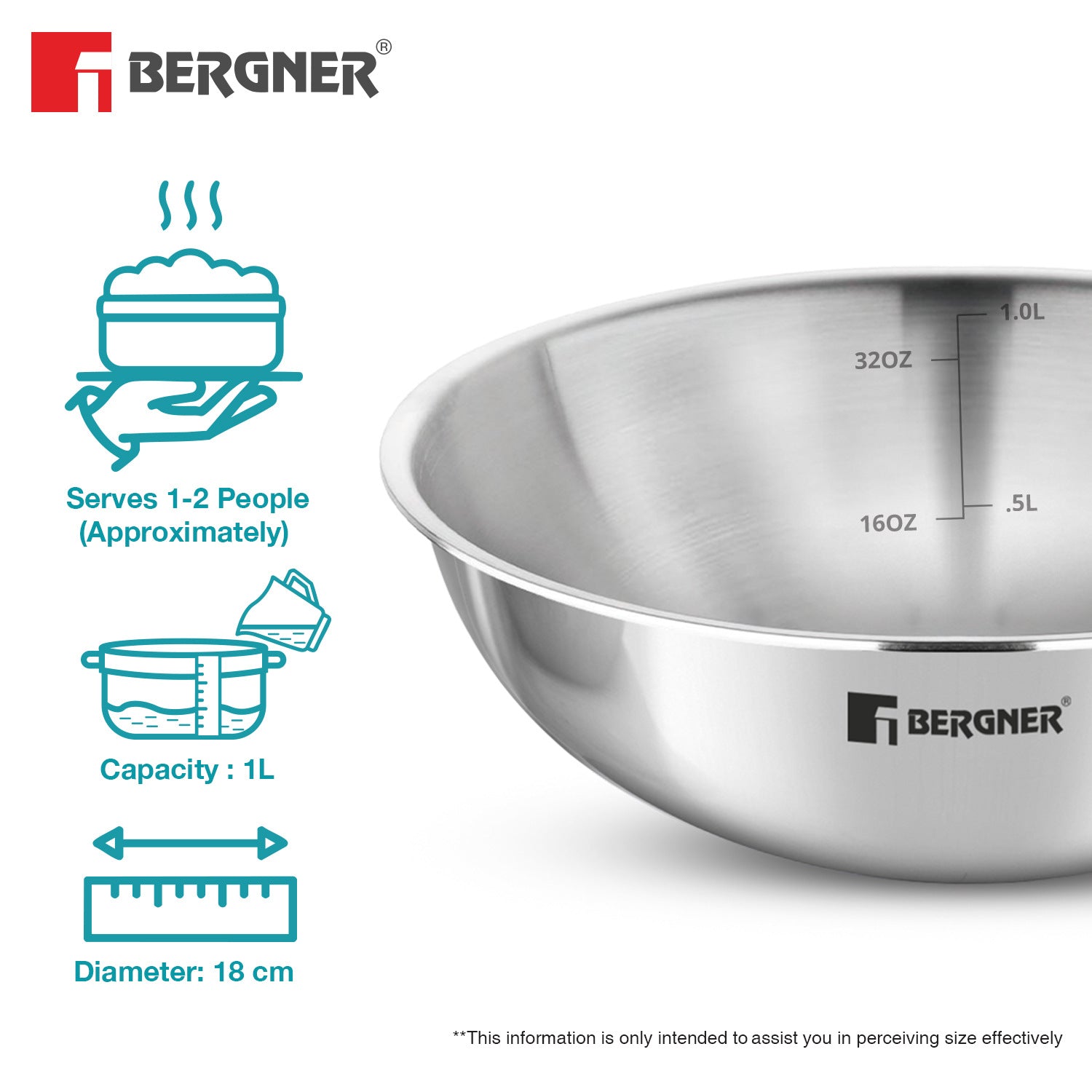 Bergner Argent Tri-Ply Stainless Steel 18cm Tasra without Lid, Less Oil Use - Induction Bottom (5-Year Warranty)