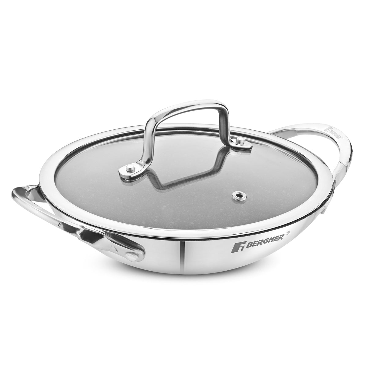 Bergner Argent Samsara Tri-Ply Stainless Steel 21cm Appachetty with Glass Lid, Quantanium Coating Inside, Consumes Less Oil - Gas Stove Compatible