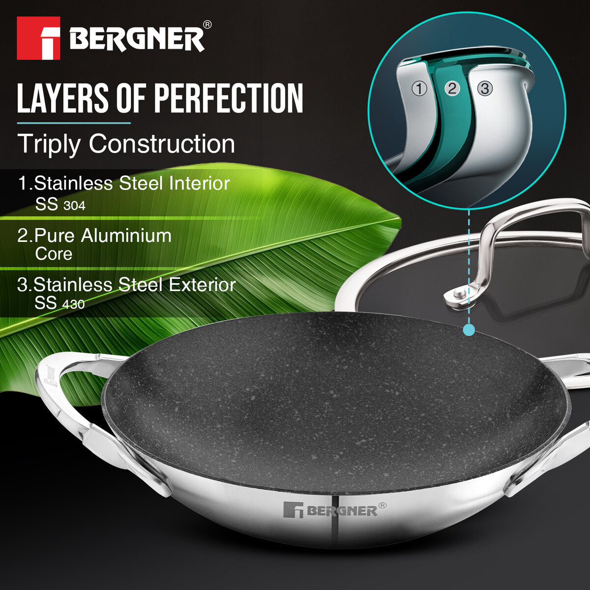 Bergner Argent Samsara Tri-Ply Stainless Steel 21cm Appachetty with Glass Lid, Quantanium Coating Inside, Consumes Less Oil - Gas Stove Compatible