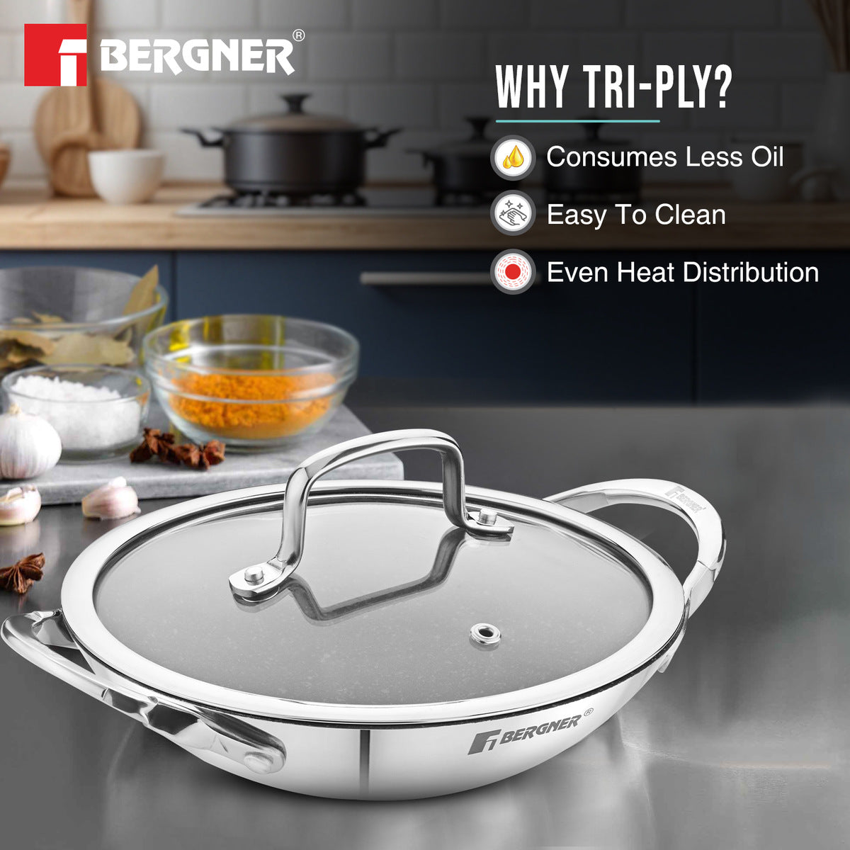 Bergner Argent Samsara Tri-Ply Stainless Steel 21cm Appachetty with Glass Lid, Quantanium Coating Inside, Consumes Less Oil - Gas Stove Compatible