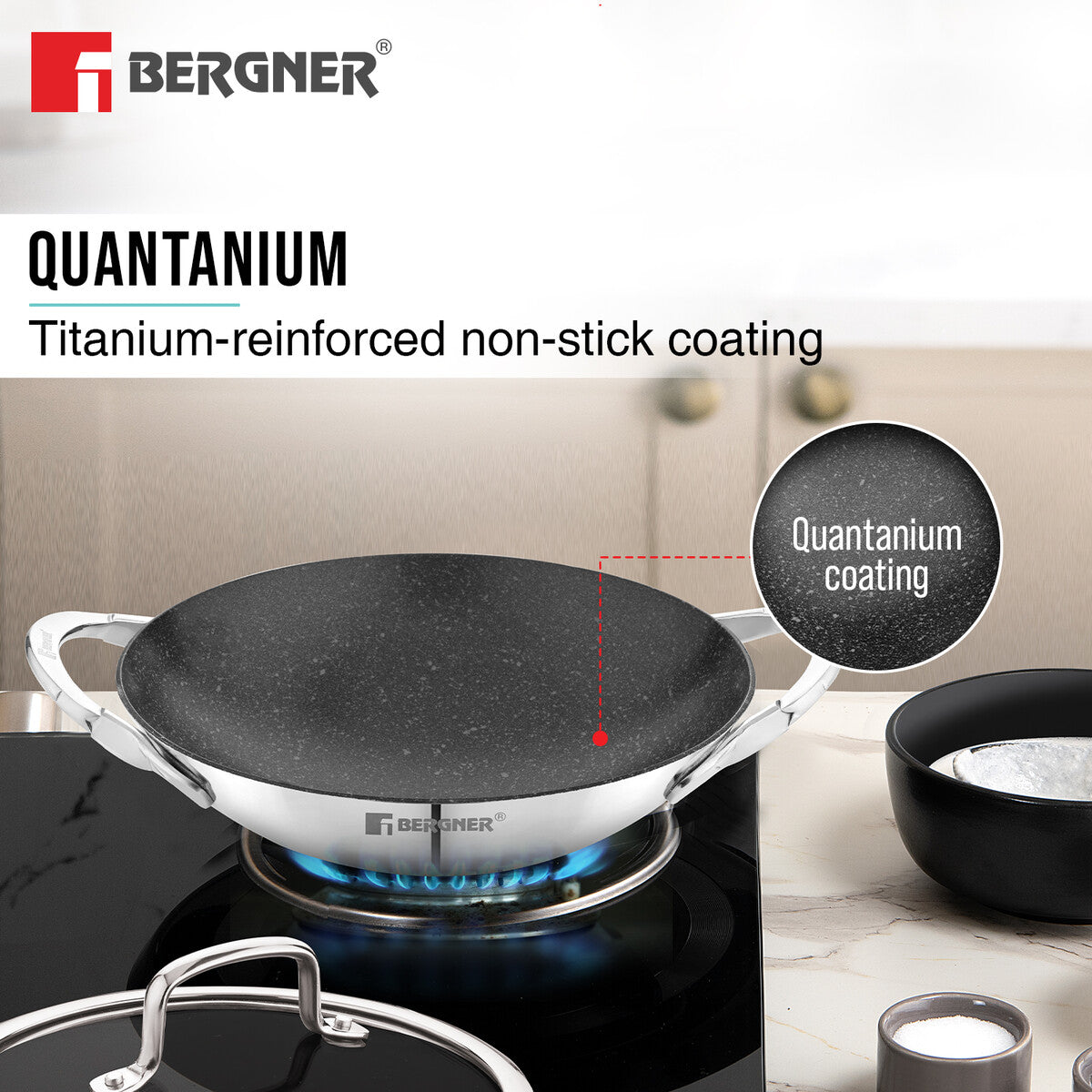 Bergner Argent Samsara Tri-Ply Stainless Steel 21cm Appachetty with Glass Lid, Quantanium Coating Inside, Consumes Less Oil - Gas Stove Compatible