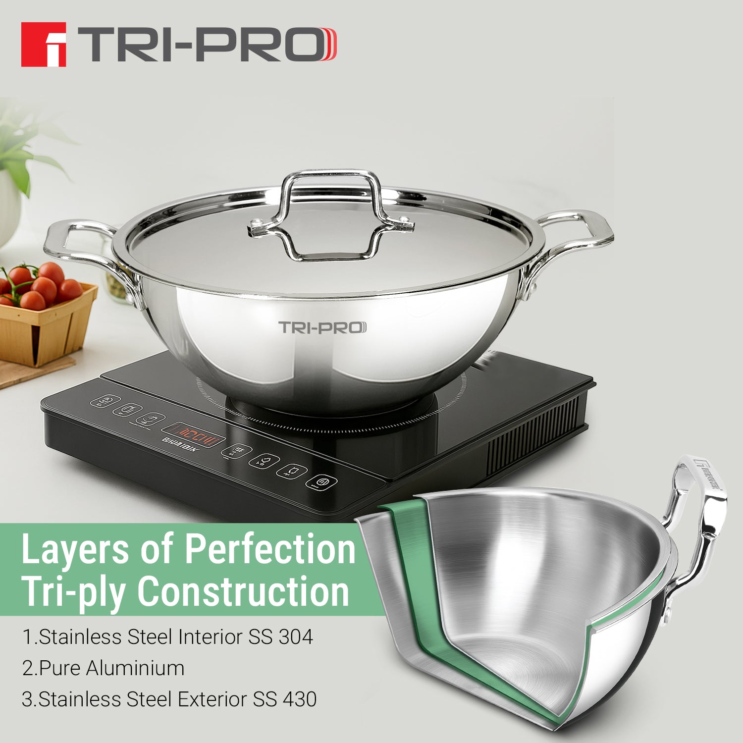TriPro Tri-Ply Stainless Steel Kadai  24cm (3L)
