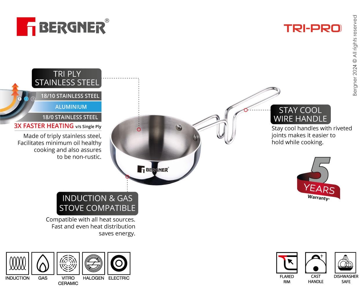 Bergner TriPro TriPly 12 cm (500ml) Tadka Pan - Induction Bottom (5-Year Warranty)