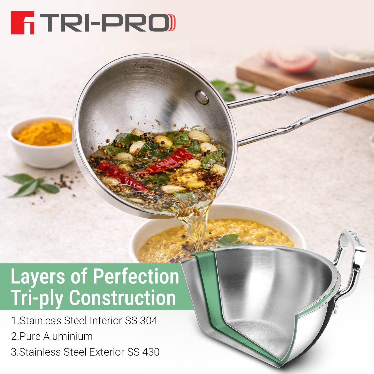 TriPro Triply Stainless Steel 12 cm (500ml) Tadka Pan