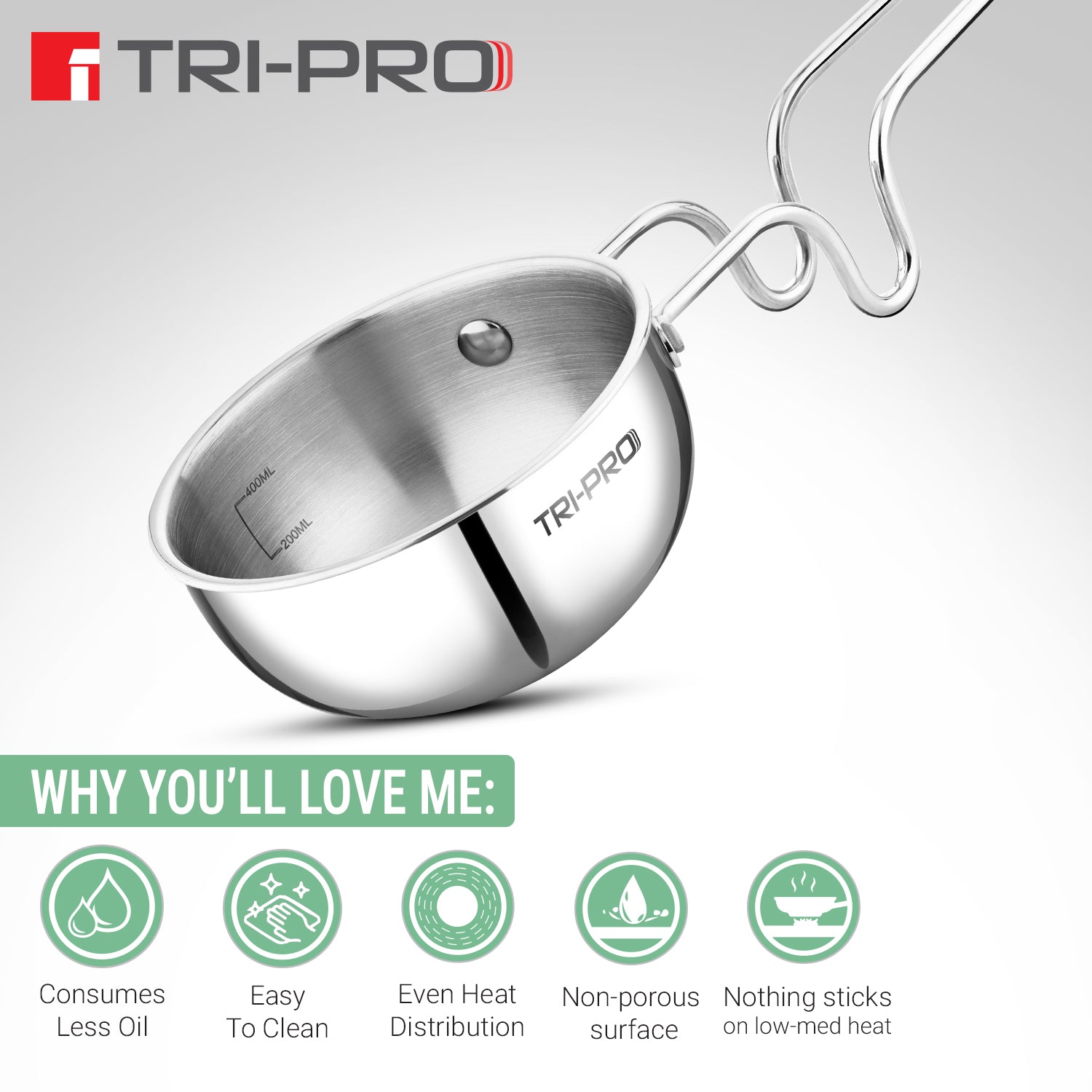 TriPro Triply Stainless Steel 12 cm (500ml) Tadka Pan
