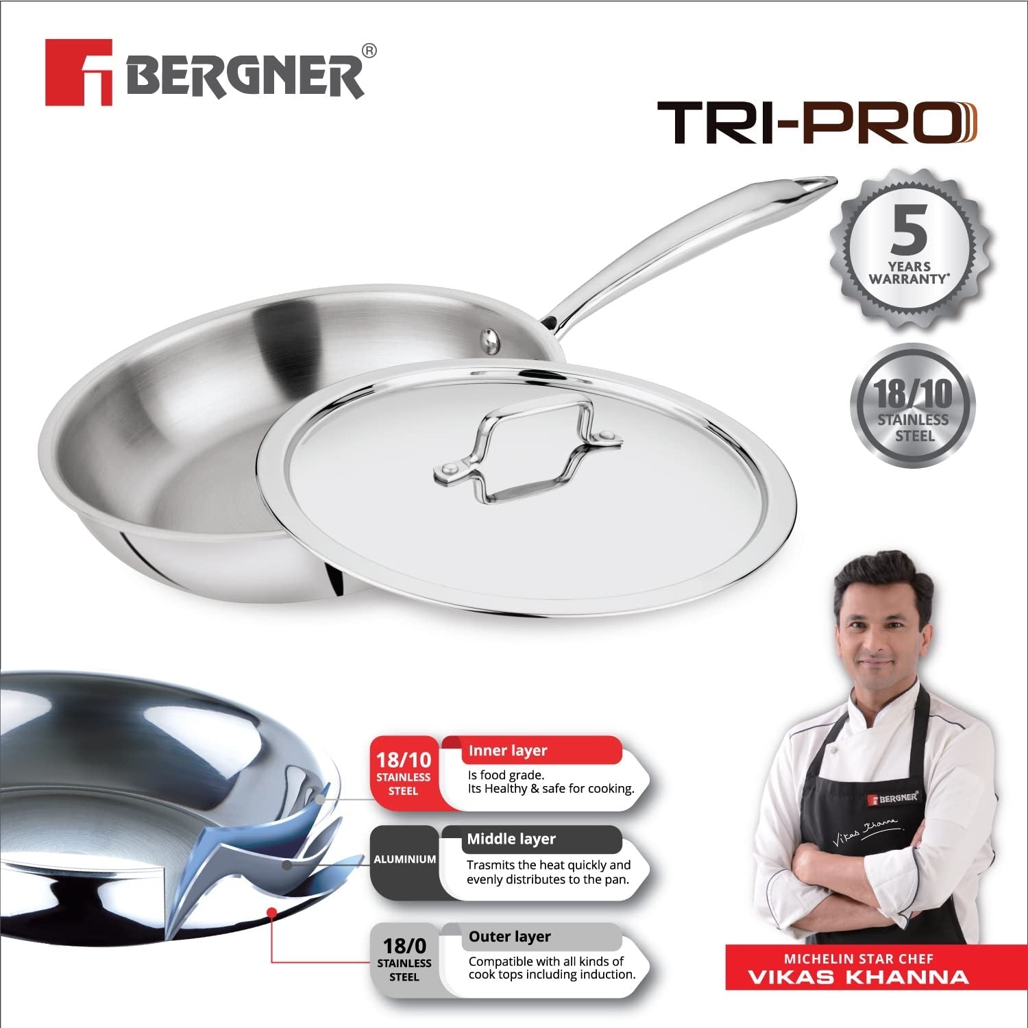 Bergner TriPro TriPly Stainless Steel 3 Pc Cookware Set - Induction Bottom (5-Year Warranty)