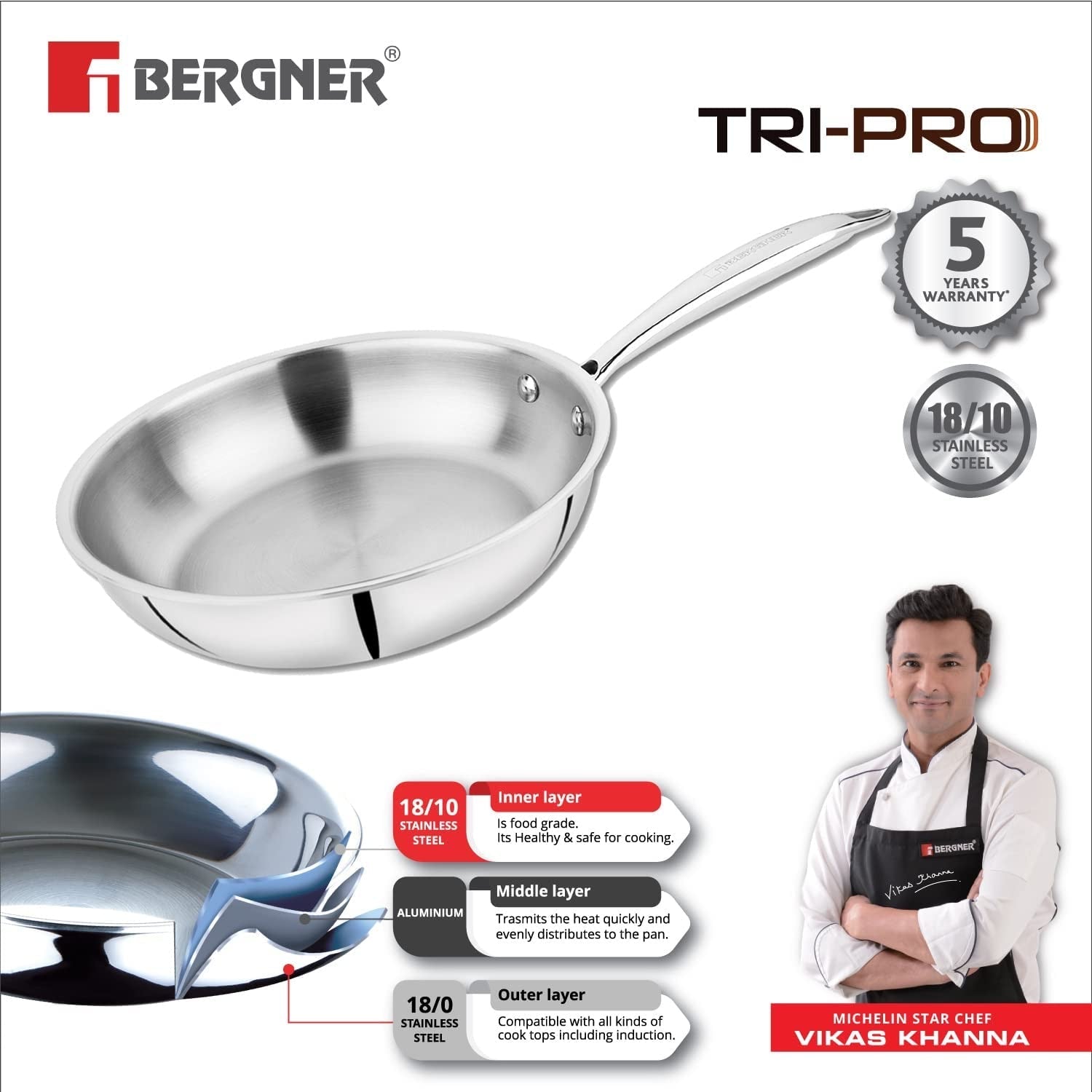 Bergner TriPro Tri-Ply Stainless Steel 20 cm Frypan - Induction Bottom (5-Year Warranty)